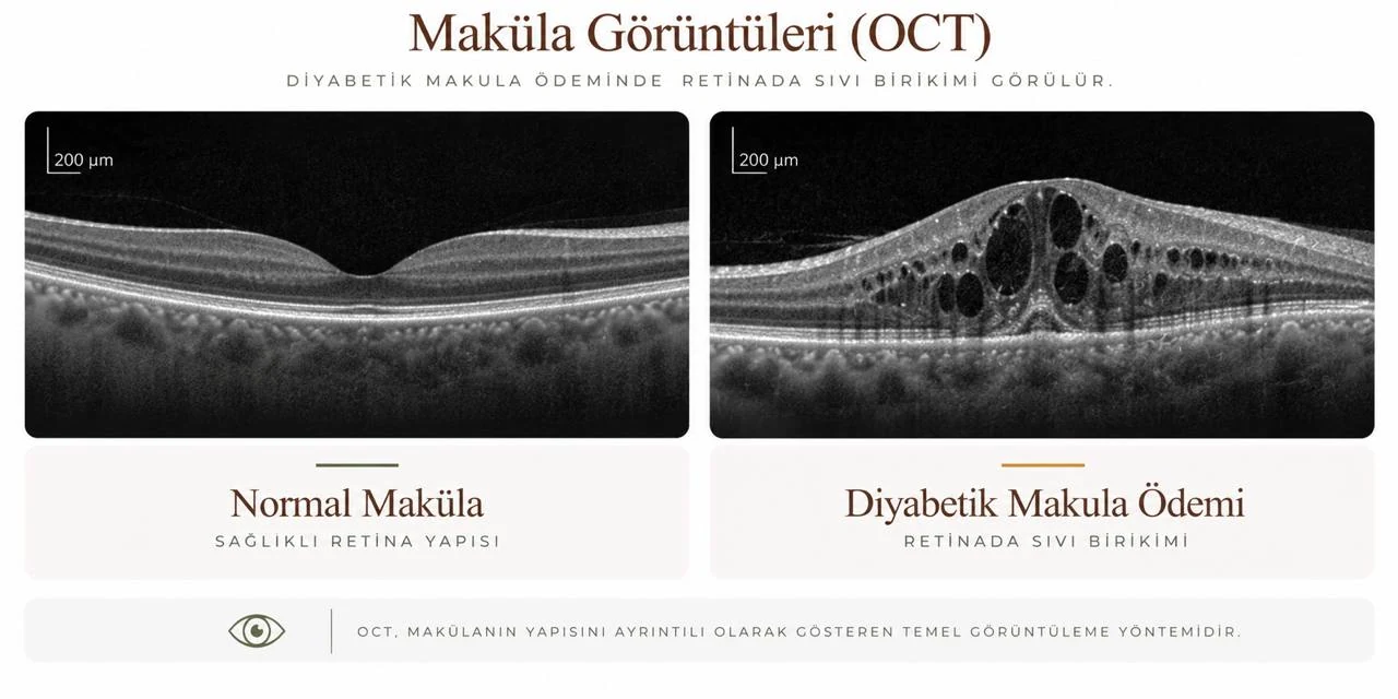 Normal maküla ve diyabetik makula ödeminde OCT görüntüleri; retinada sıvı birikimi karşılaştırması