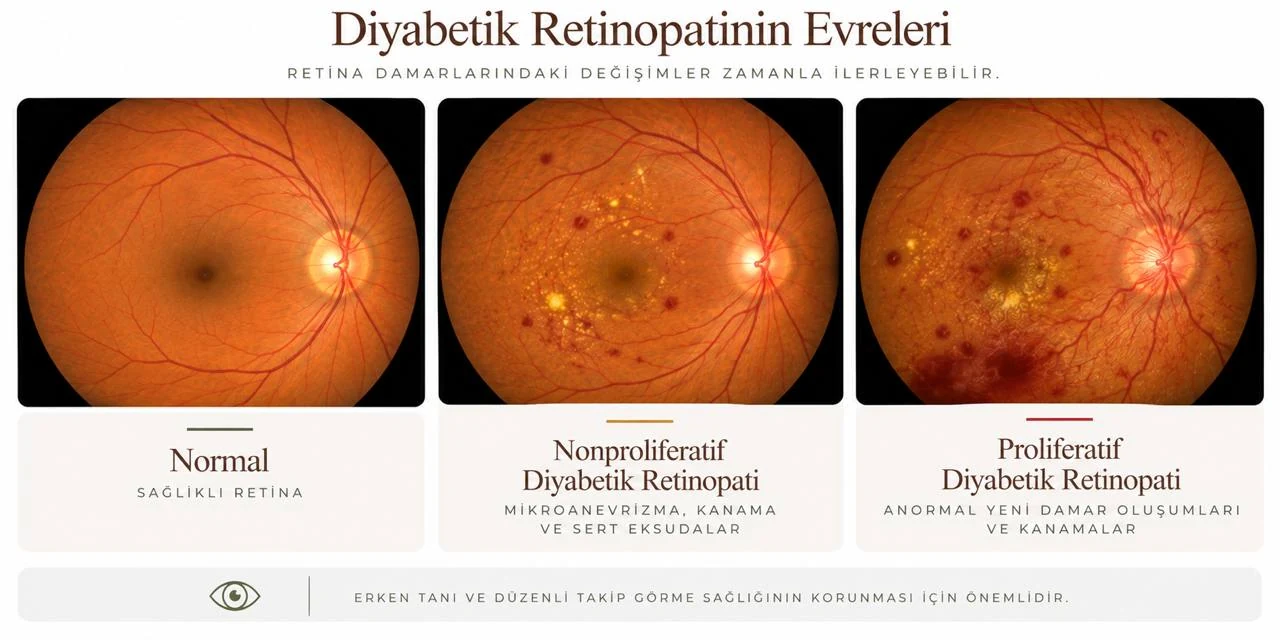 Diyabetik retinopatinin evreleri; normal retina, nonproliferatif diyabetik retinopati ve proliferatif diyabetik retinopati karşılaştırması